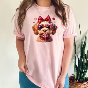 Valentine Day Coquette Love Dog Bow Hearts Cotton Graphic T-Shirt XL Pink Preppy